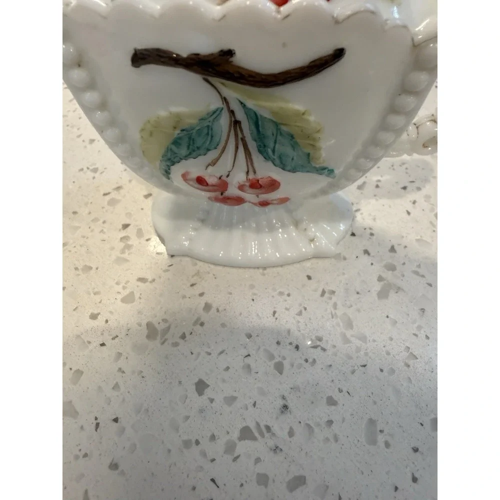 Westmoreland Milk Glass Beaded Painted Grape Cherry Covered Creamer Mid Century